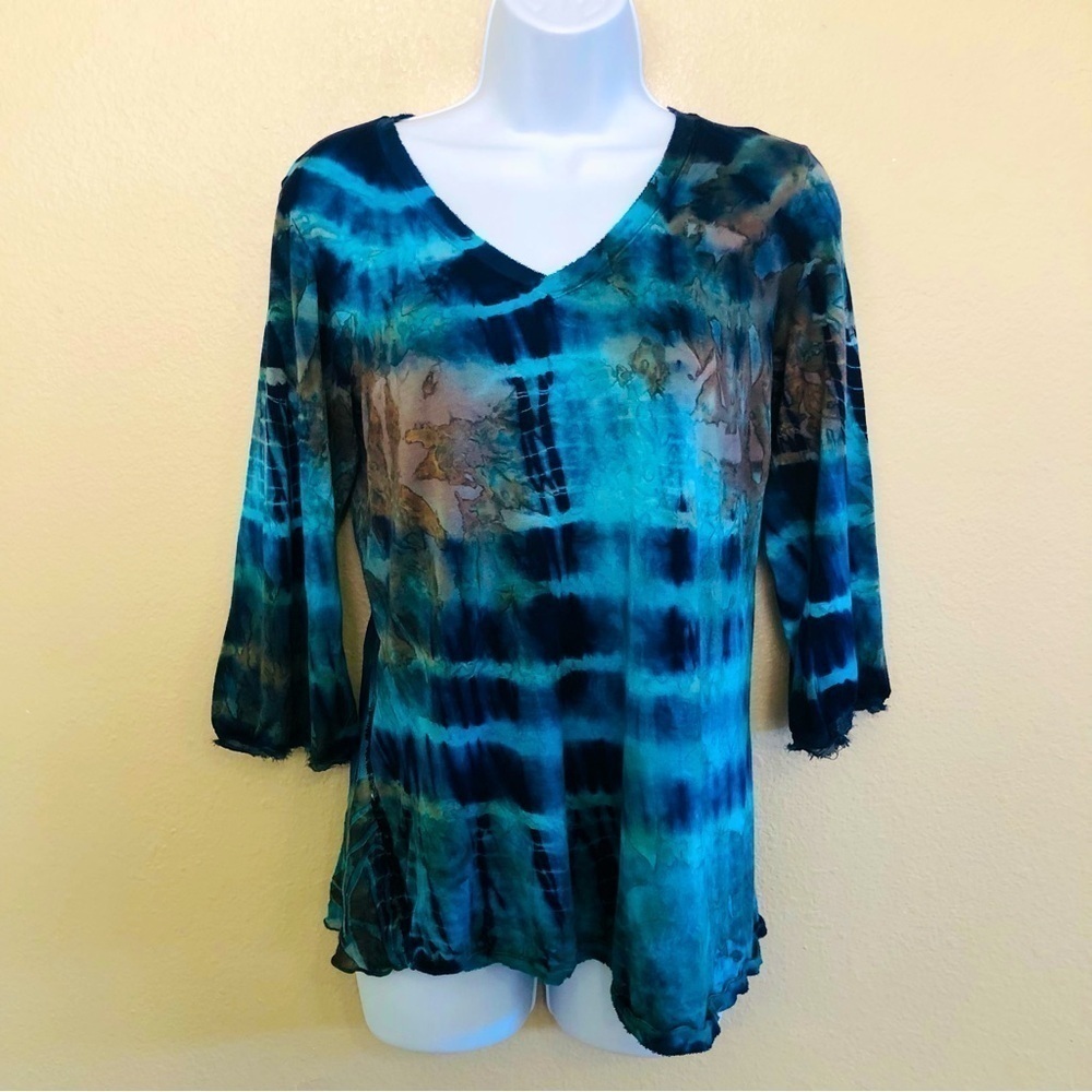 Mezon Woman’s Tie Dyed Burnout Silky Back 3/4 Sleeves Top Size S